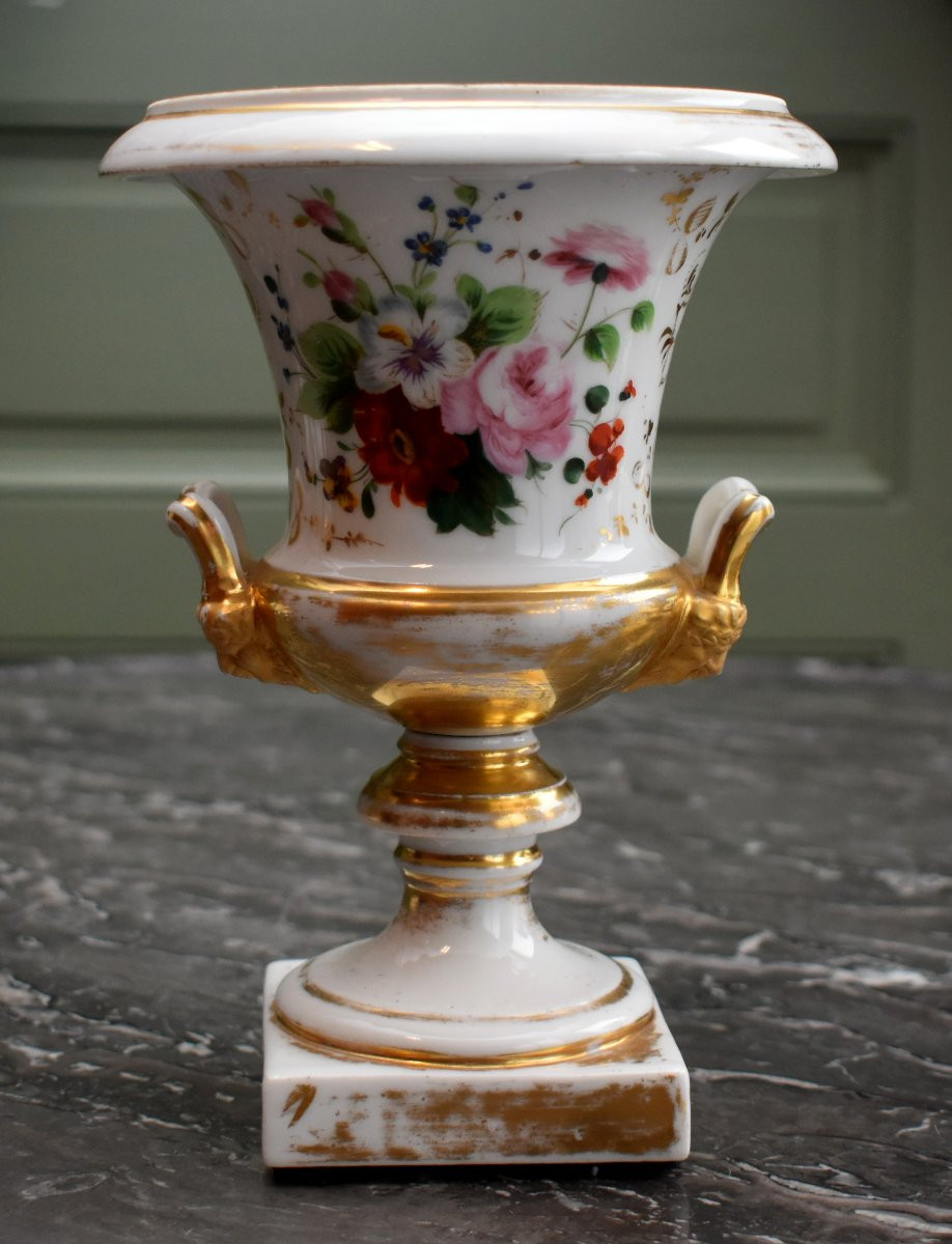 Pair Of Porcelain Vases From The Restoration Period, Floral Decoration, Hand-painted Bouquet Of Flowers-photo-2