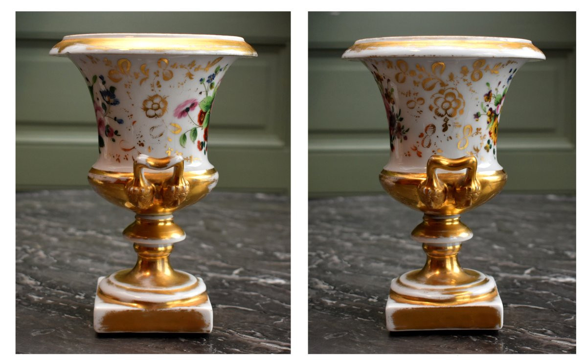 Pair Of Porcelain Vases From The Restoration Period, Floral Decoration, Hand-painted Bouquet Of Flowers-photo-3