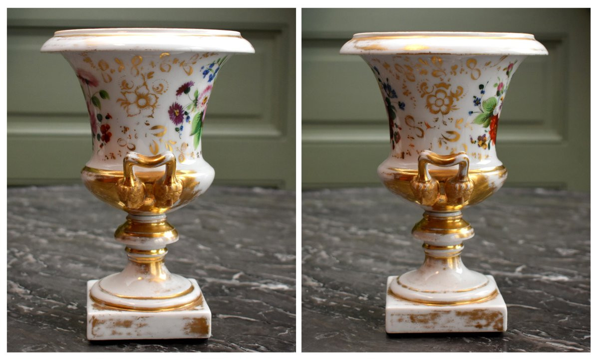 Pair Of Porcelain Vases From The Restoration Period, Floral Decoration, Hand-painted Bouquet Of Flowers-photo-4