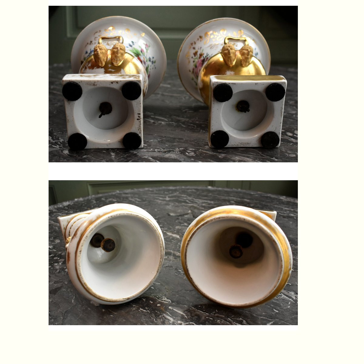 Pair Of Porcelain Vases From The Restoration Period, Floral Decoration, Hand-painted Bouquet Of Flowers-photo-7