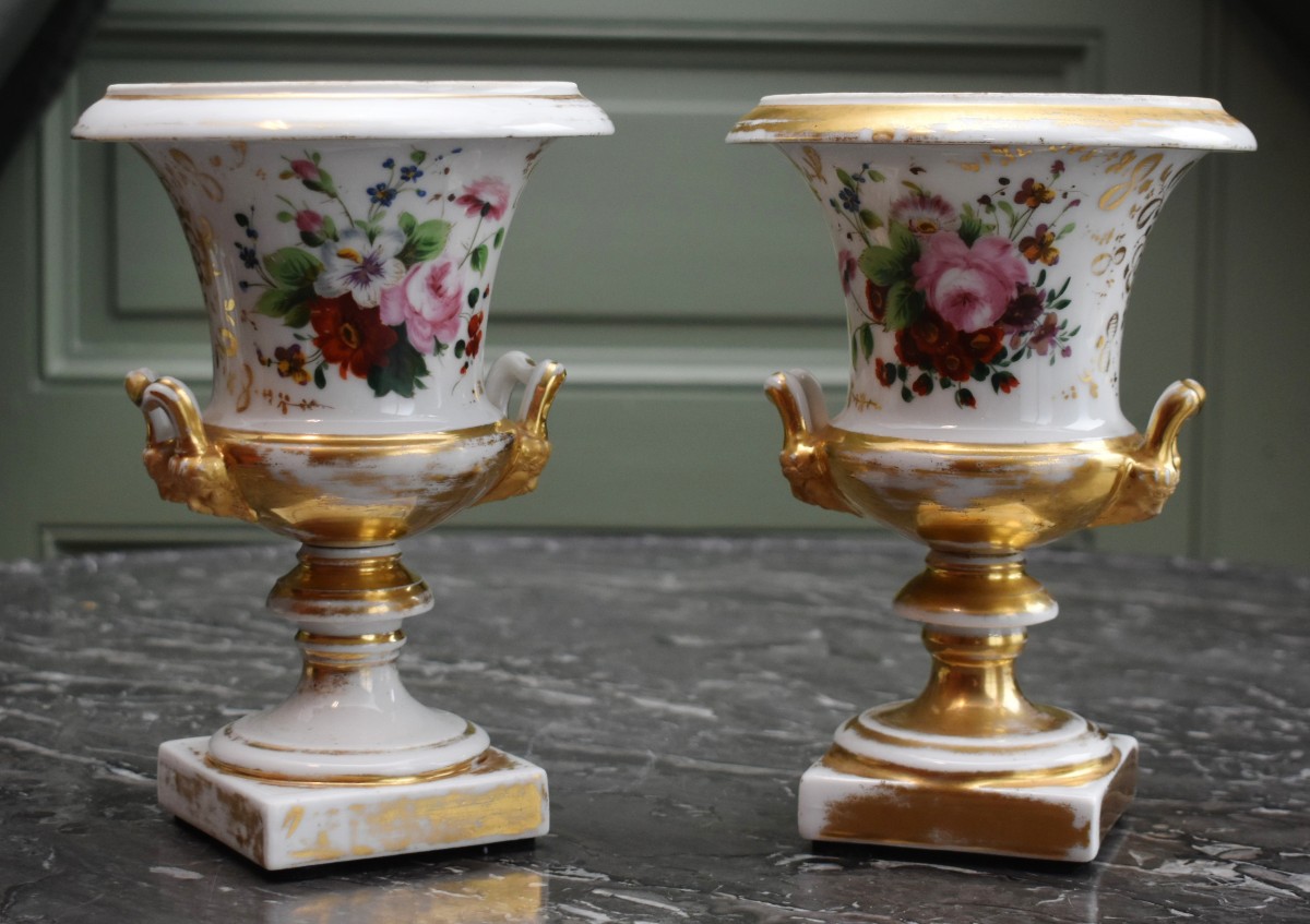 Pair Of Porcelain Vases From The Restoration Period, Floral Decoration, Hand-painted Bouquet Of Flowers