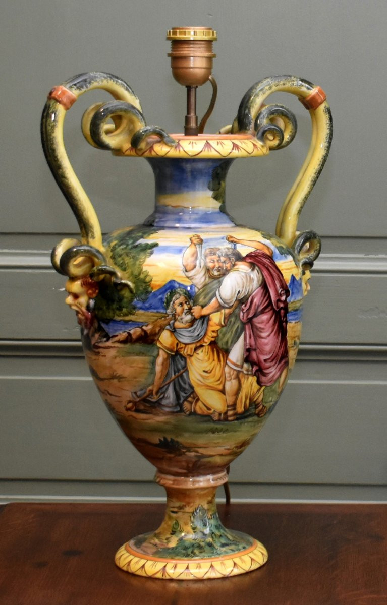Italian Earthenware Lamp Base, Majolica In The Style Of Urbino, Antique Decoration, Late 19th Century-photo-2