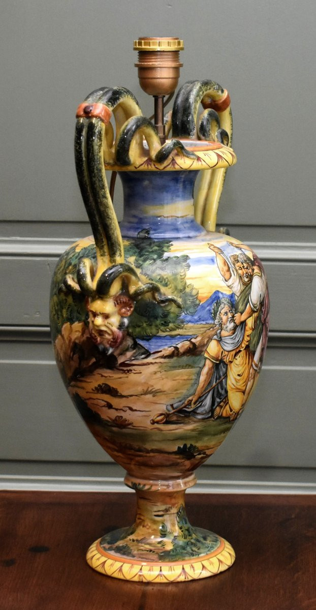 Italian Earthenware Lamp Base, Majolica In The Style Of Urbino, Antique Decoration, Late 19th Century-photo-3