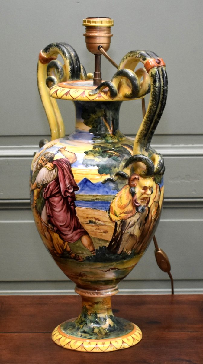 Italian Earthenware Lamp Base, Majolica In The Style Of Urbino, Antique Decoration, Late 19th Century-photo-4