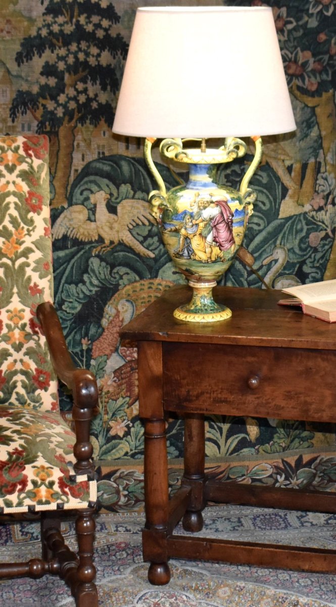 Italian Earthenware Lamp Base, Majolica In The Style Of Urbino, Antique Decoration, Late 19th Century-photo-2