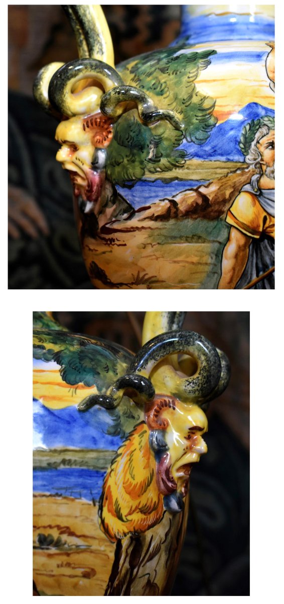 Italian Earthenware Lamp Base, Majolica In The Style Of Urbino, Antique Decoration, Late 19th Century-photo-5