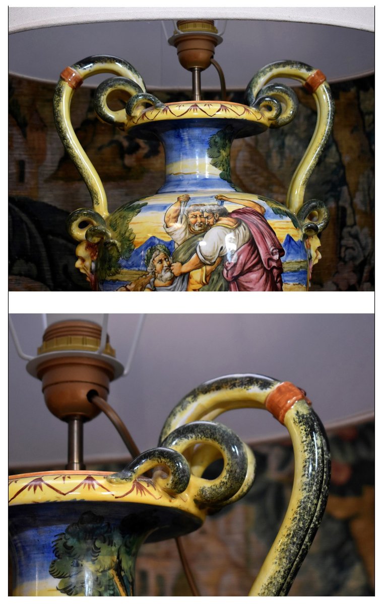 Italian Earthenware Lamp Base, Majolica In The Style Of Urbino, Antique Decoration, Late 19th Century-photo-7