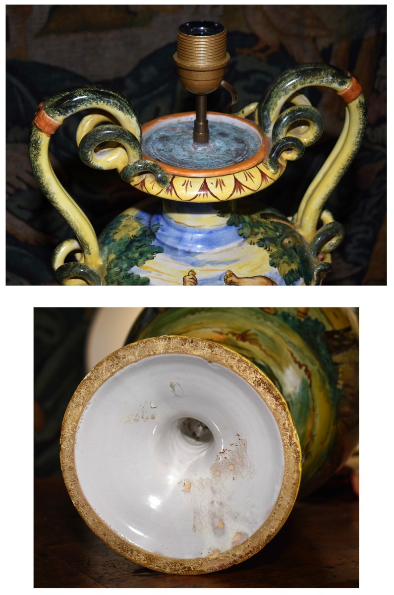 Italian Earthenware Lamp Base, Majolica In The Style Of Urbino, Antique Decoration, Late 19th Century-photo-8
