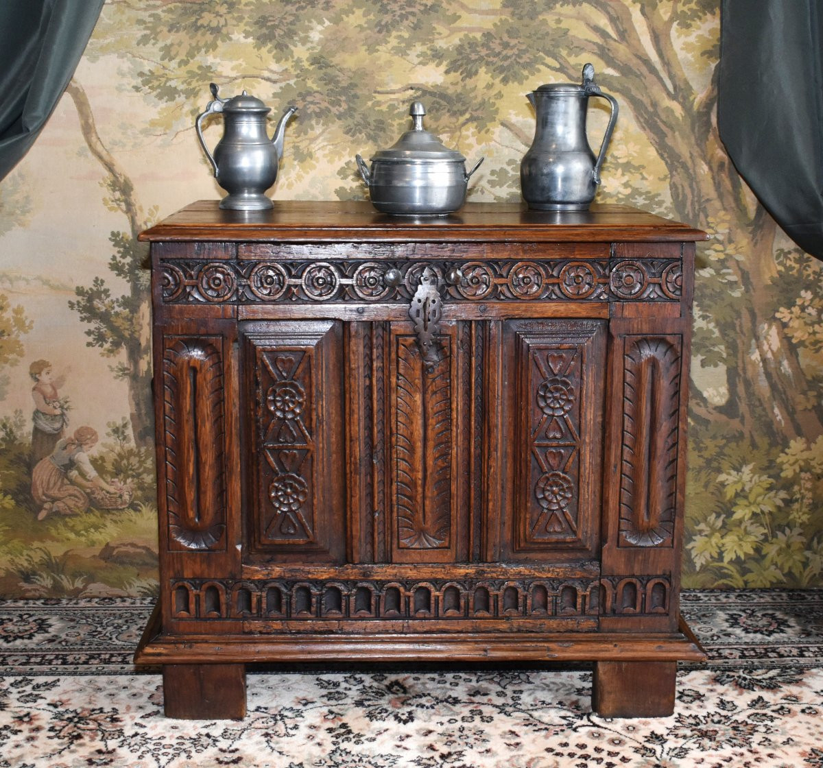 Small Renaissance-style Chest In Carved Oak With Iron Handles, -photo-2