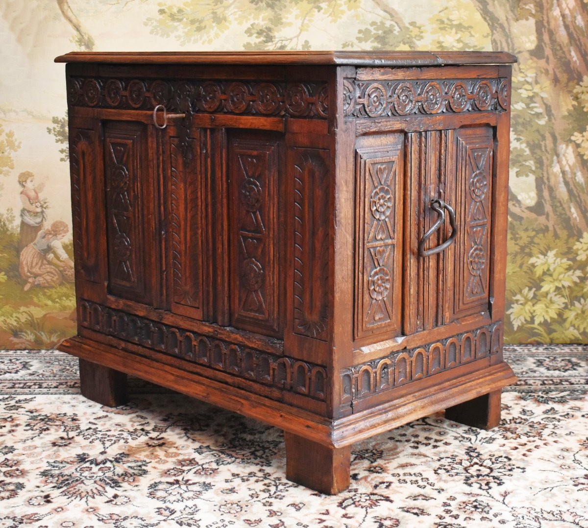 Small Renaissance-style Chest In Carved Oak With Iron Handles, -photo-4