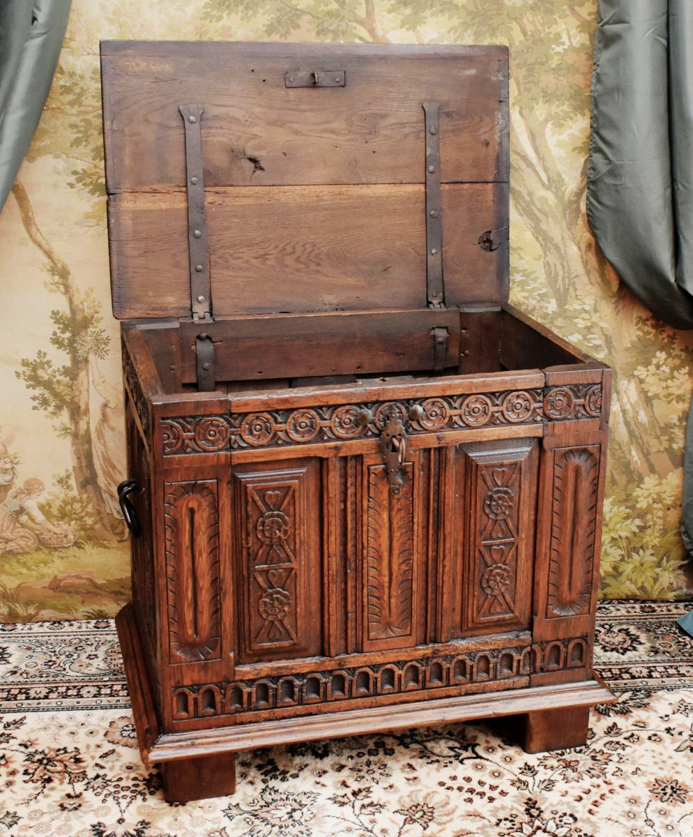 Small Renaissance-style Chest In Carved Oak With Iron Handles, -photo-1