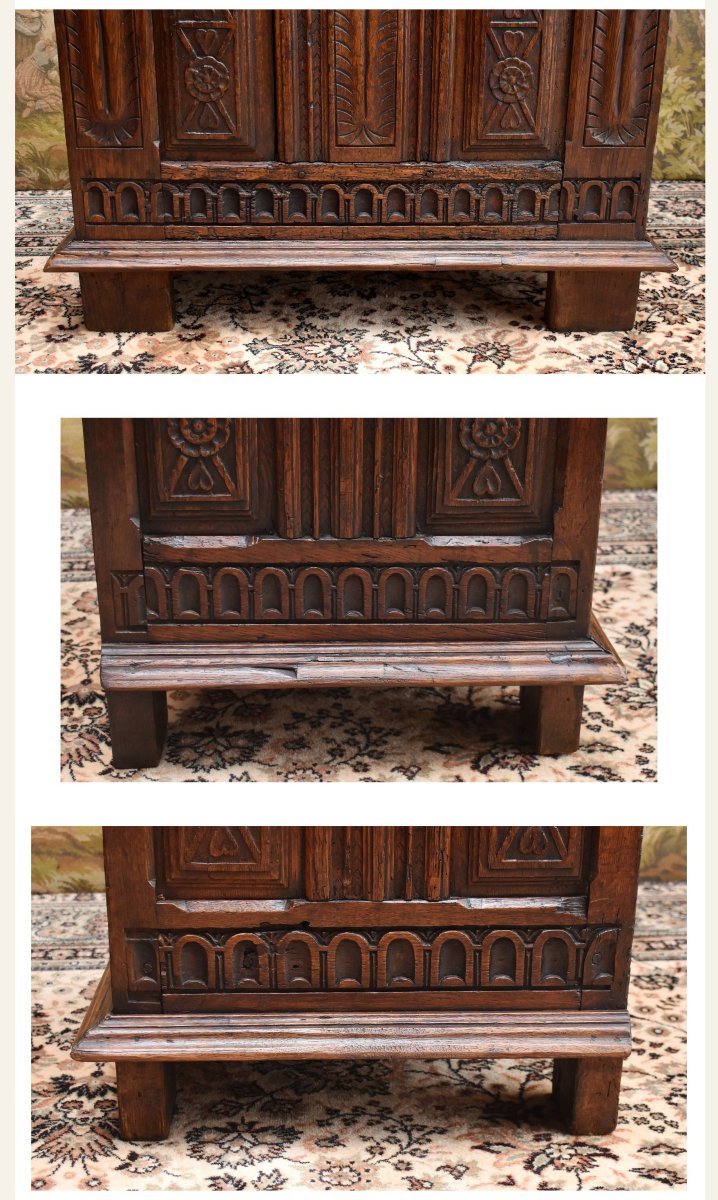Small Renaissance-style Chest In Carved Oak With Iron Handles, -photo-4