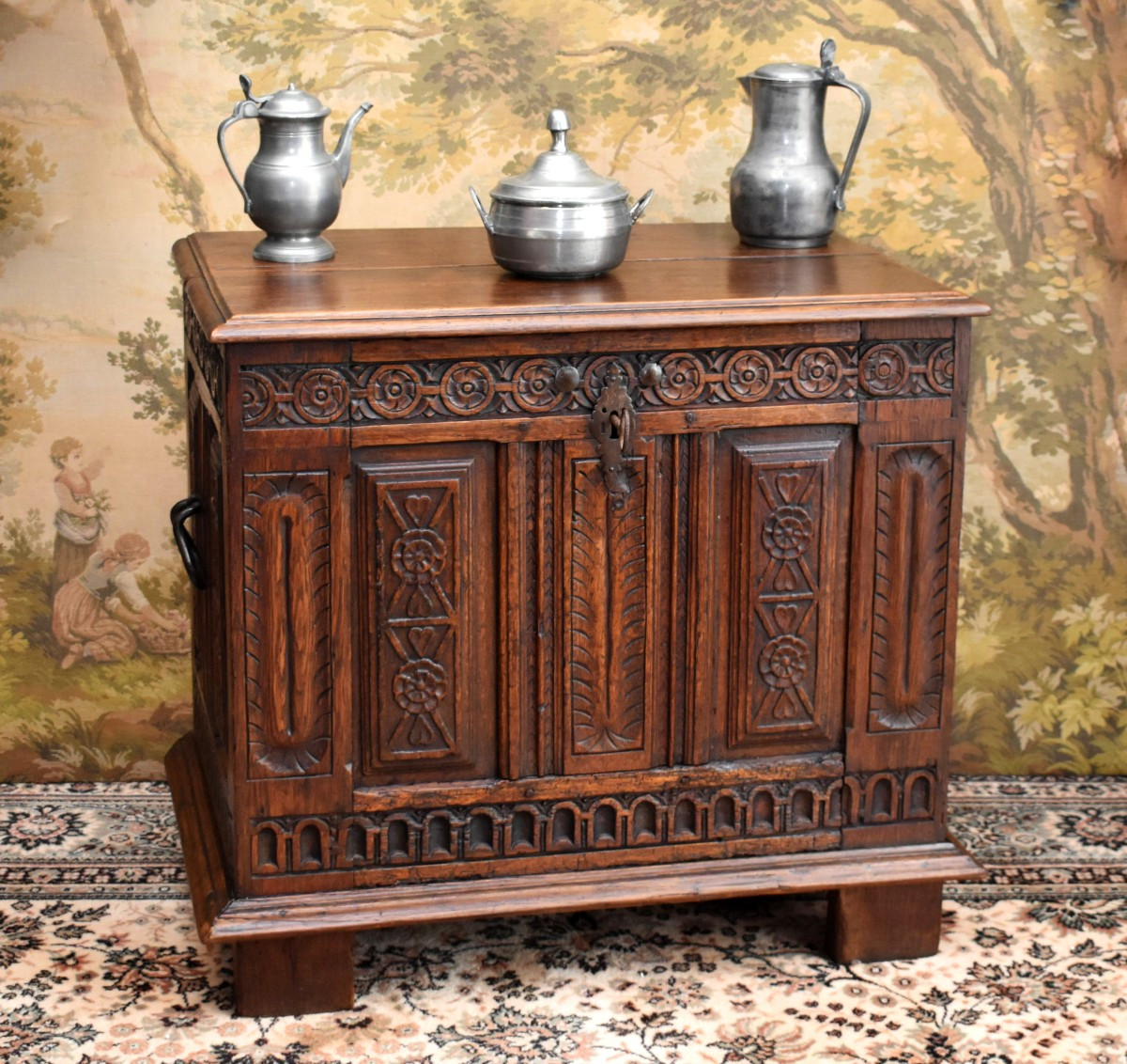 Small Renaissance-style Chest In Carved Oak With Iron Handles, 