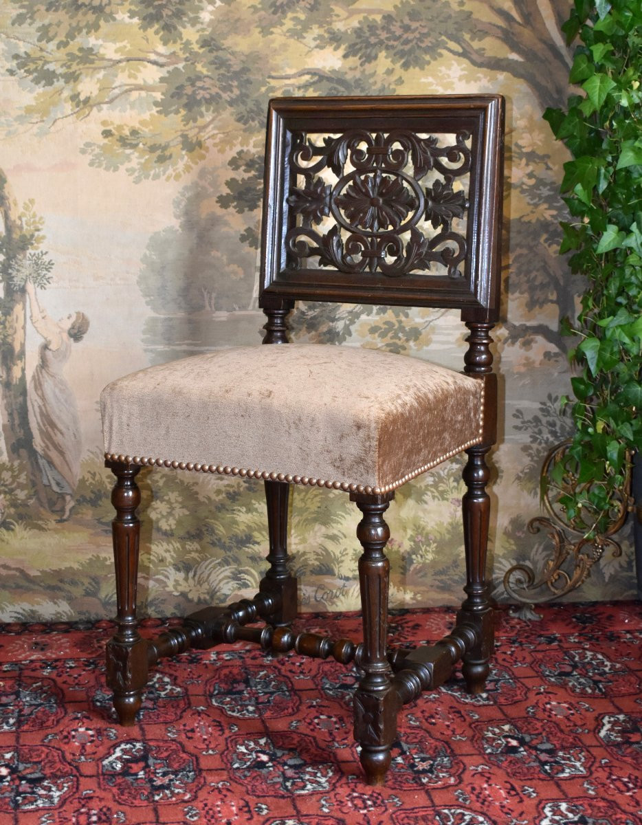 Chaise à Dossier ajouré De Style Renaissance - Henri II , fin  XIXe ,  siège tissu velours.-photo-2