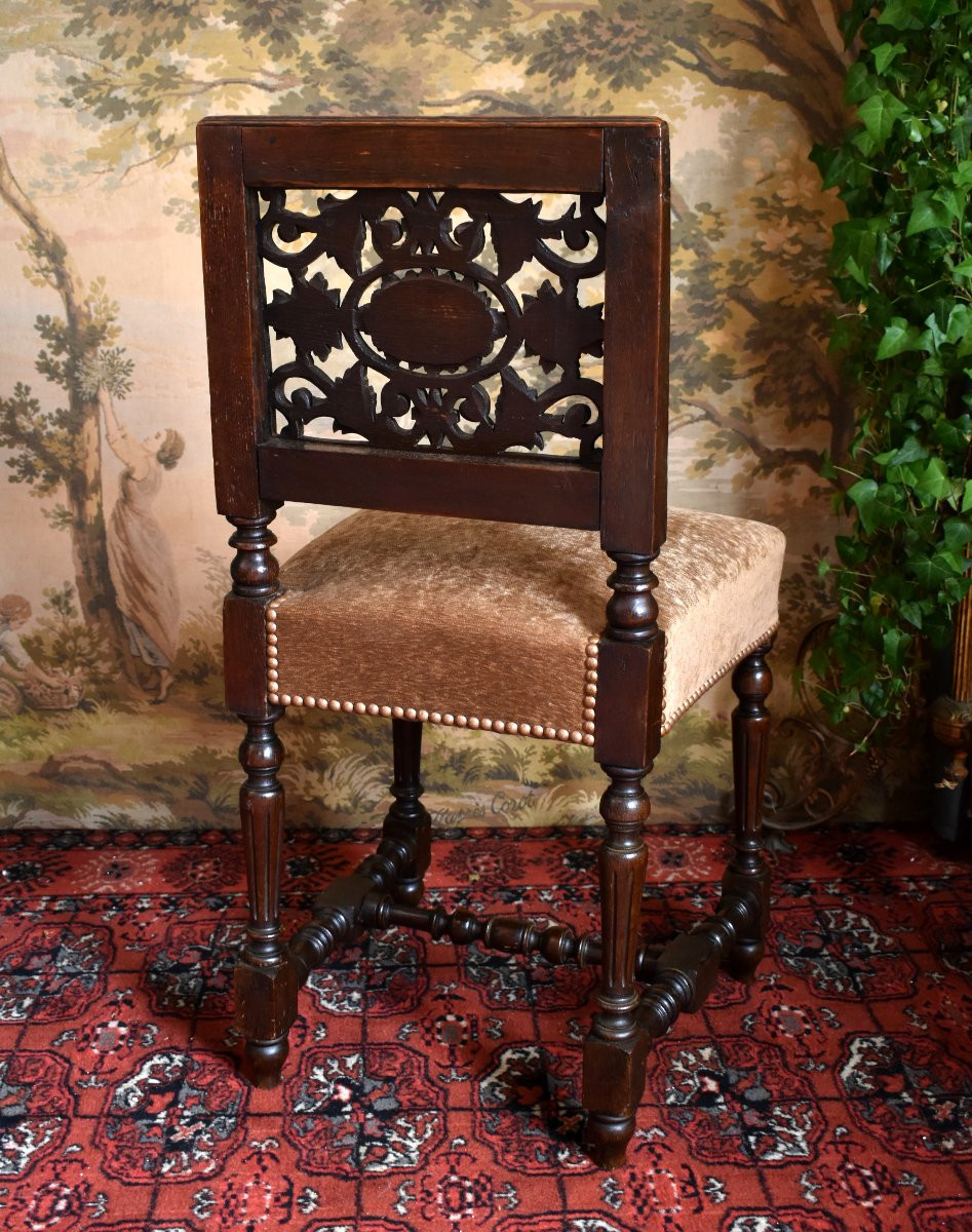 Chaise à Dossier ajouré De Style Renaissance - Henri II , fin  XIXe ,  siège tissu velours.-photo-3