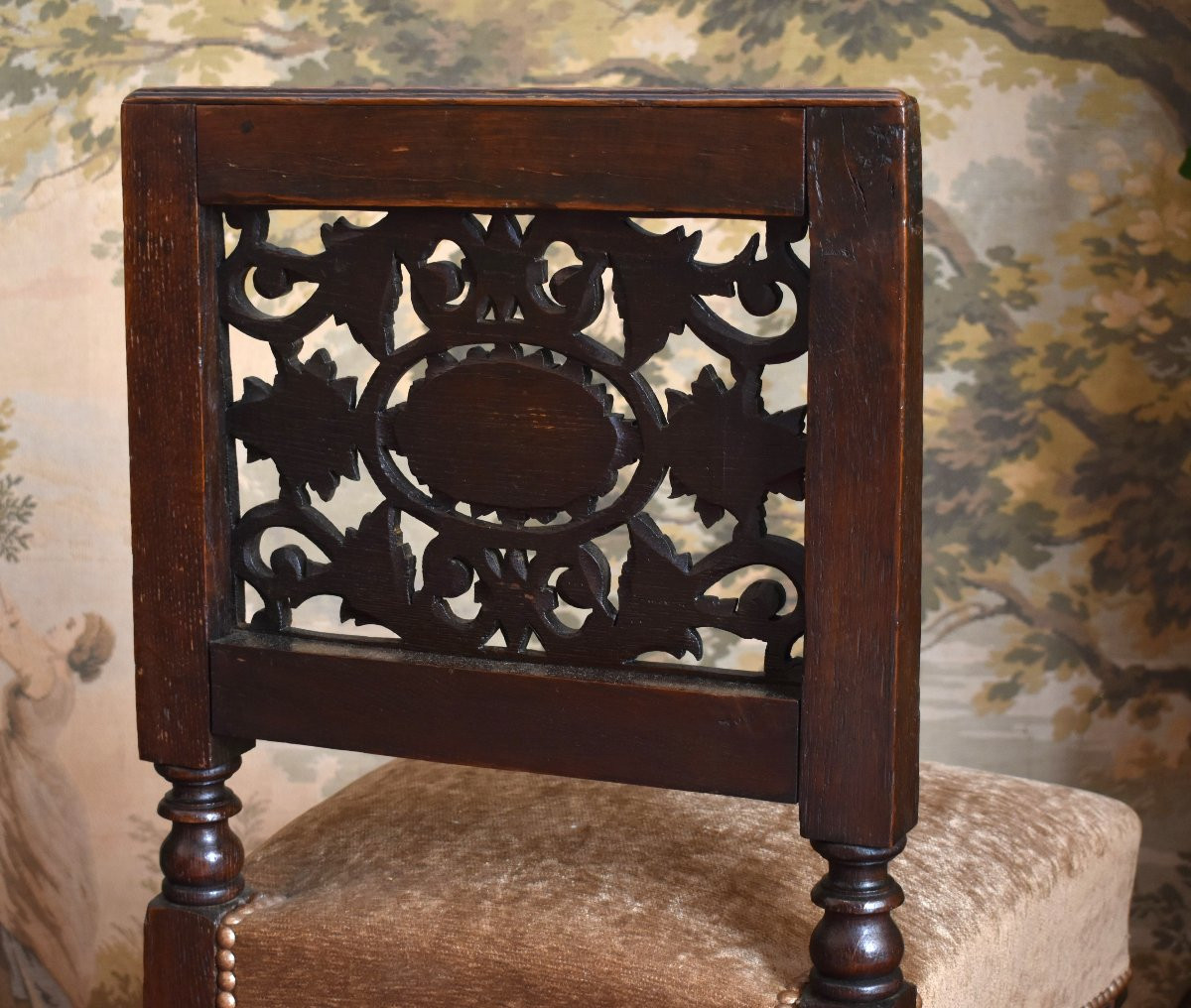 Chaise à Dossier ajouré De Style Renaissance - Henri II , fin  XIXe ,  siège tissu velours.-photo-6