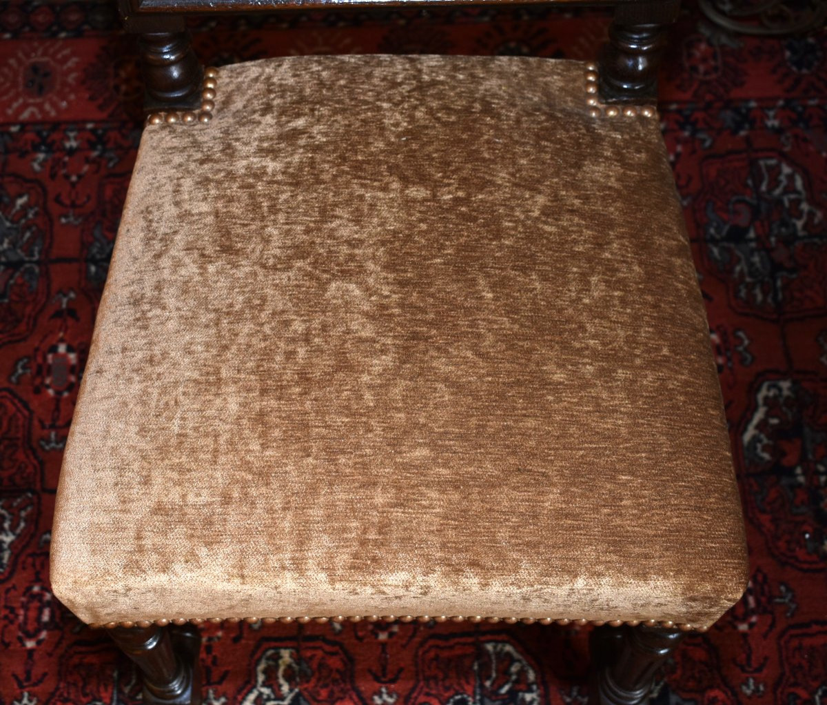Chaise à Dossier ajouré De Style Renaissance - Henri II , fin  XIXe ,  siège tissu velours.-photo-7