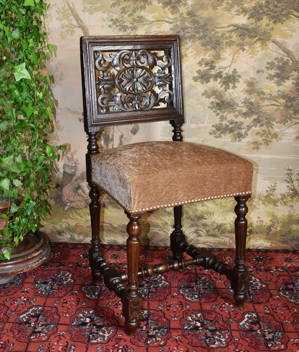 Chaise à Dossier ajouré De Style Renaissance - Henri II , fin  XIXe ,  siège tissu velours.