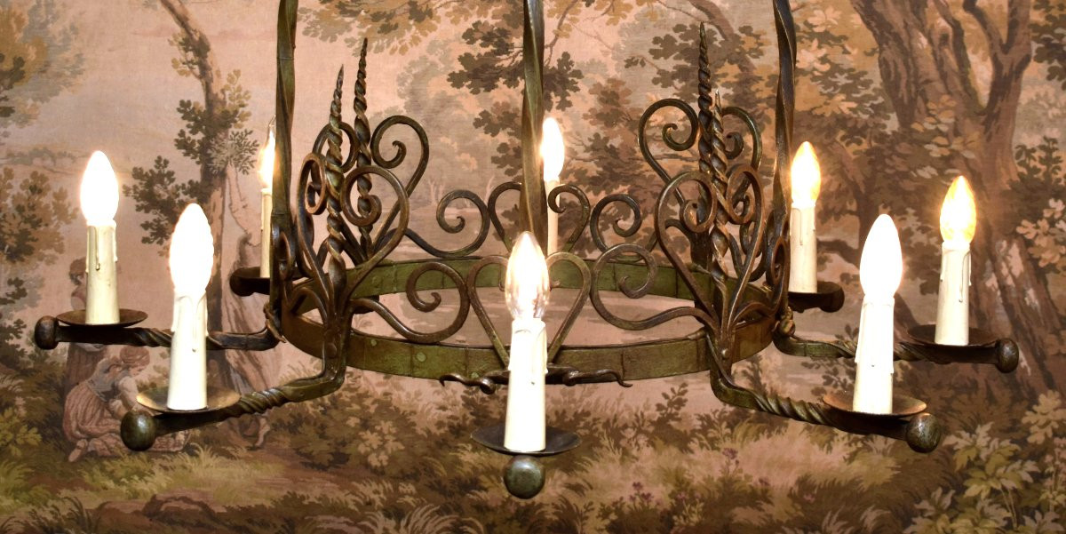 Grand Lustre cage - couronne en Fer Forgé  Laqué Vert à 8  Bras De Lumière,  style renaissance -photo-2