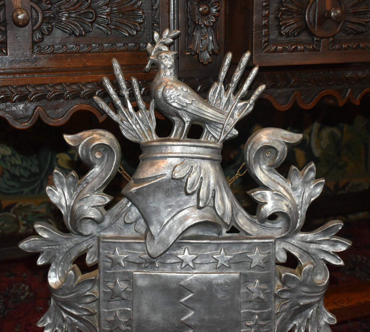 Blason Aux Armoiries, Bouclier, Heaume, étoiles, Inscriptions:  Non Mihi - Non Tibi - Sed Nobis-photo-3