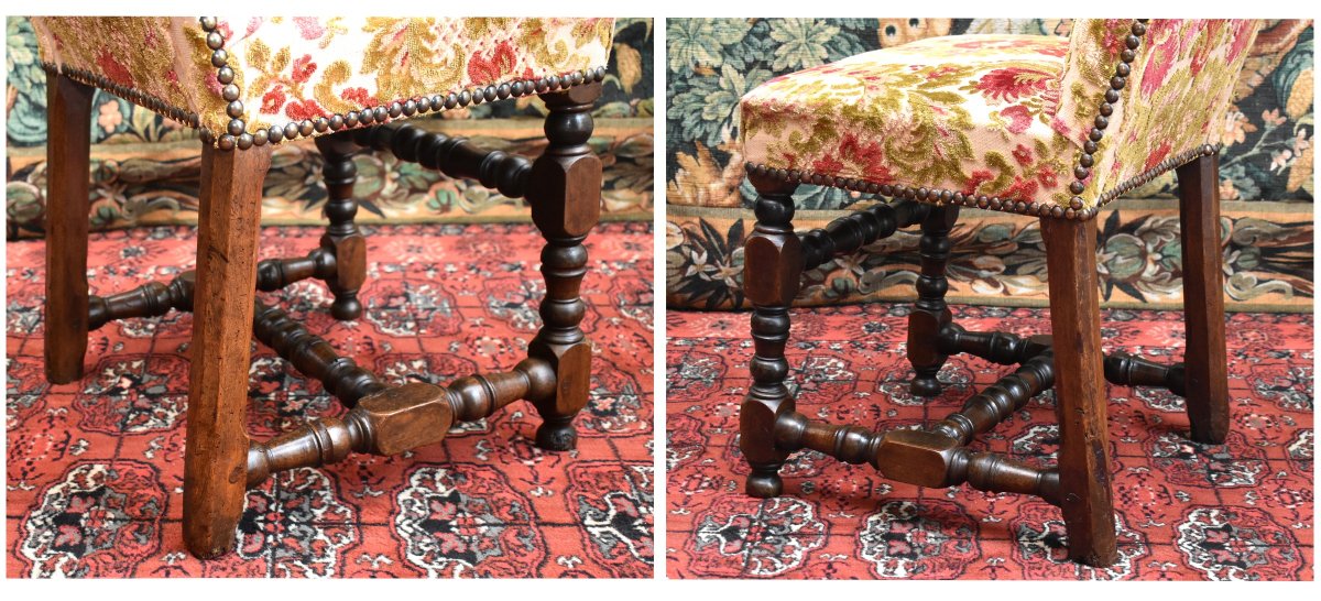  Chaise Louis XIII En Noyer , Dossier Haut et pieds arrière  à forte inclinaison, XVIIe siècle.-photo-3