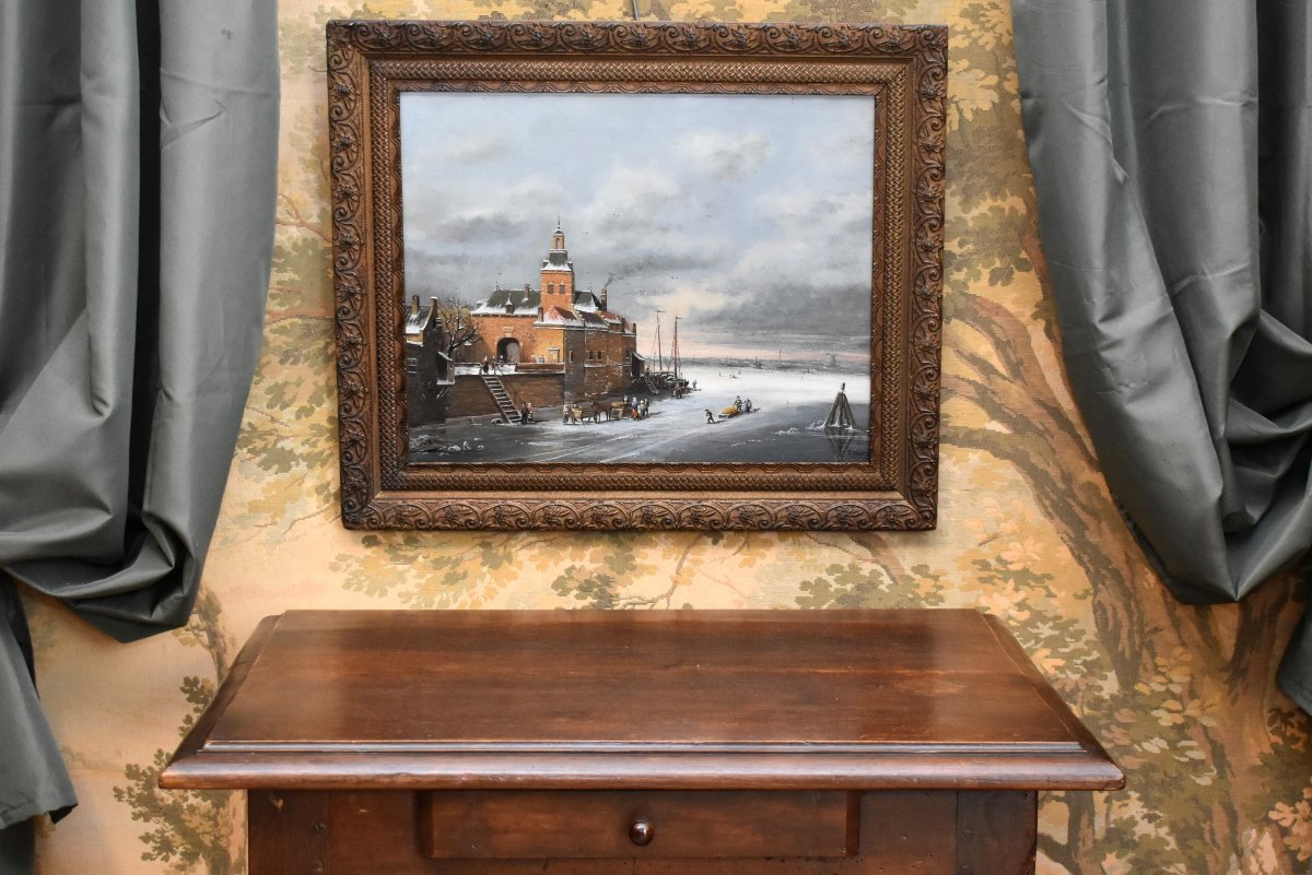 R. Kraats, Winter Landscape Painting, Lively Scene On A Frozen Lake, Northern School -photo-2