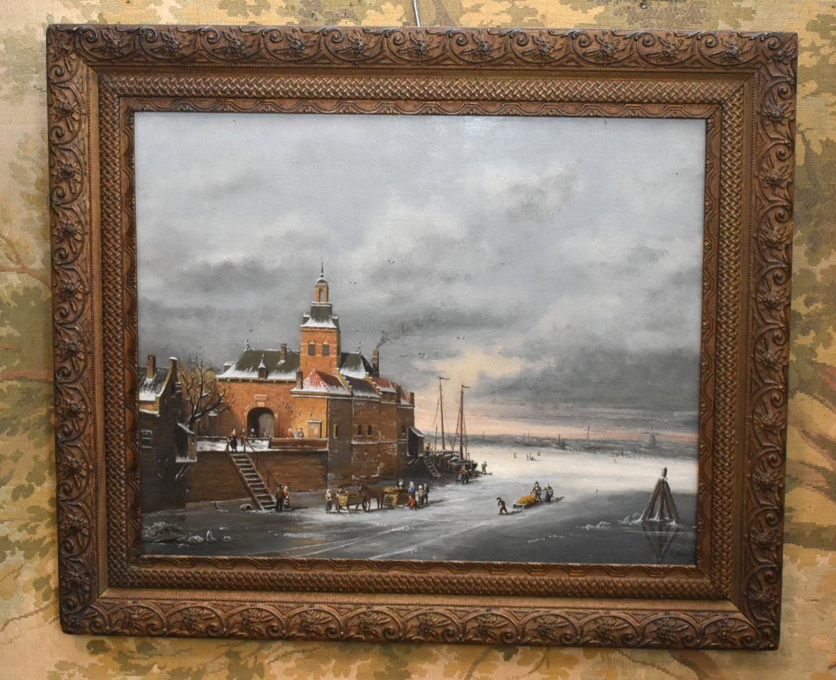 R. Kraats, Winter Landscape Painting, Lively Scene On A Frozen Lake, Northern School -photo-3