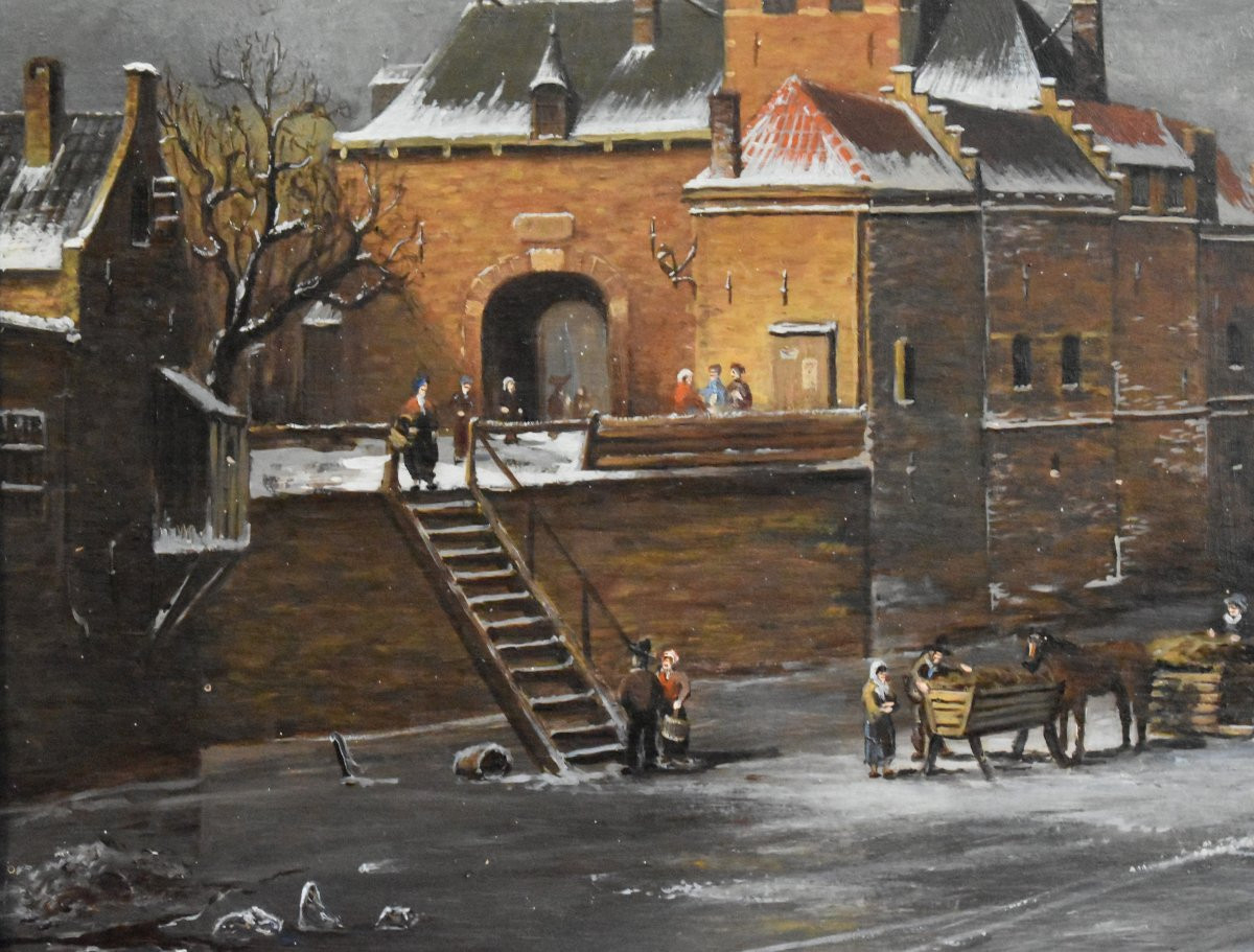 R. Kraats, Winter Landscape Painting, Lively Scene On A Frozen Lake, Northern School -photo-2