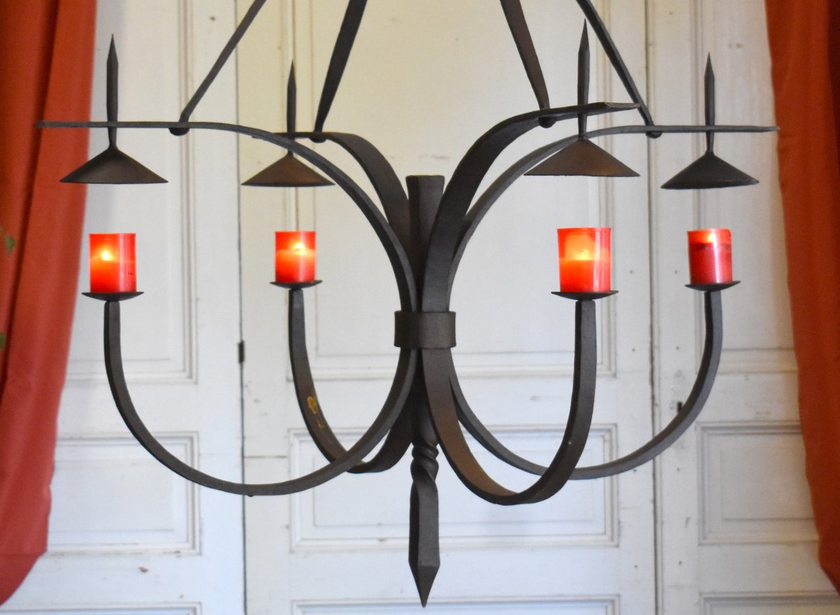 Large Wrought Iron Chandelier With Four Light Arms, 4-candle Lighting, High Period Style -photo-2