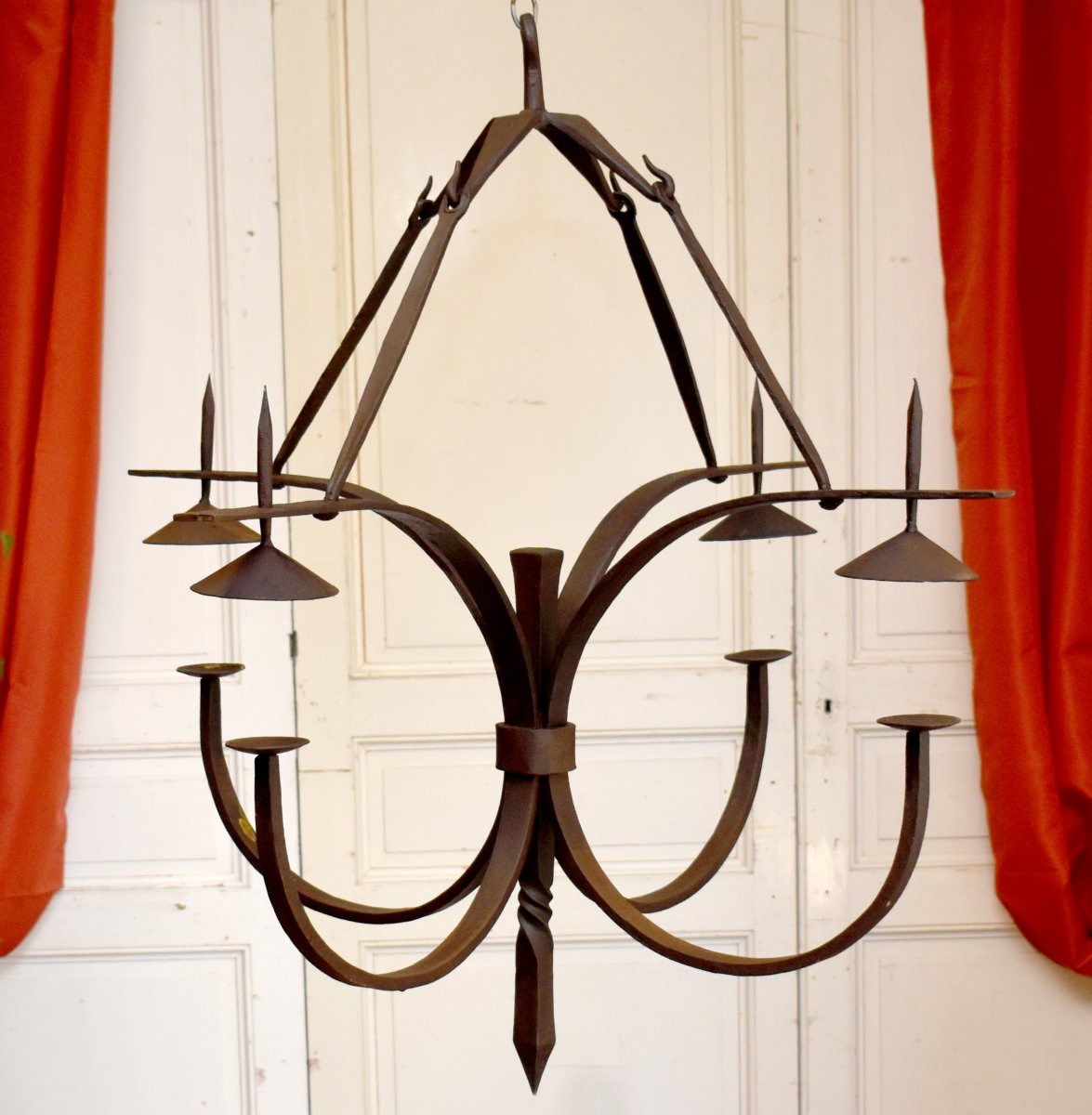 Large Wrought Iron Chandelier With Four Light Arms, 4-candle Lighting, High Period Style -photo-3