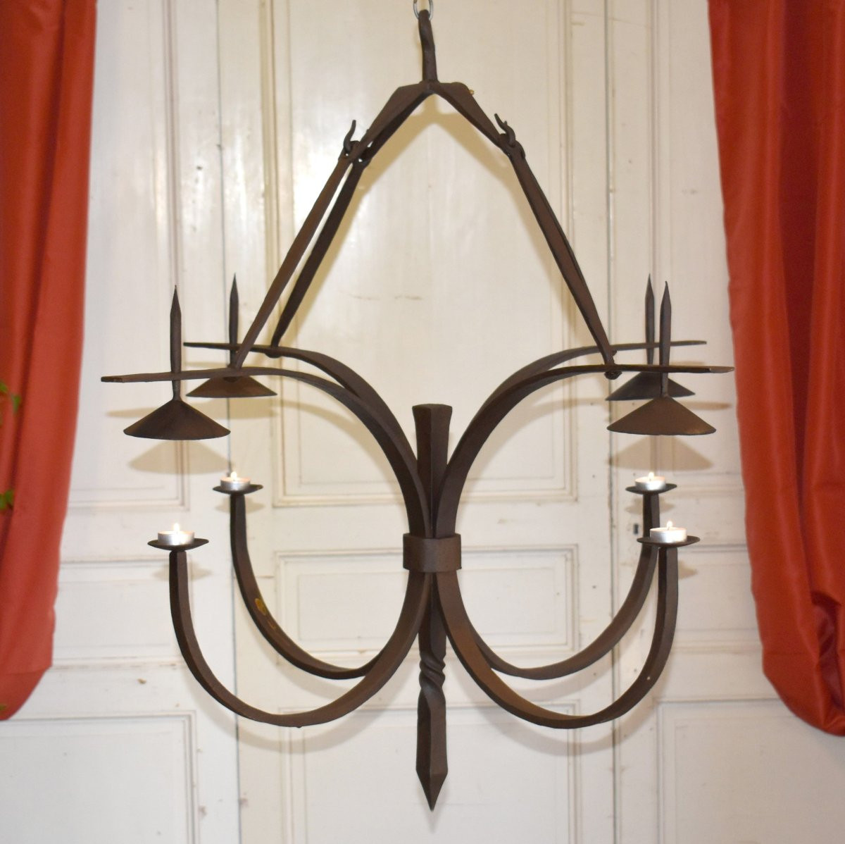 Large Wrought Iron Chandelier With Four Light Arms, 4-candle Lighting, High Period Style -photo-4
