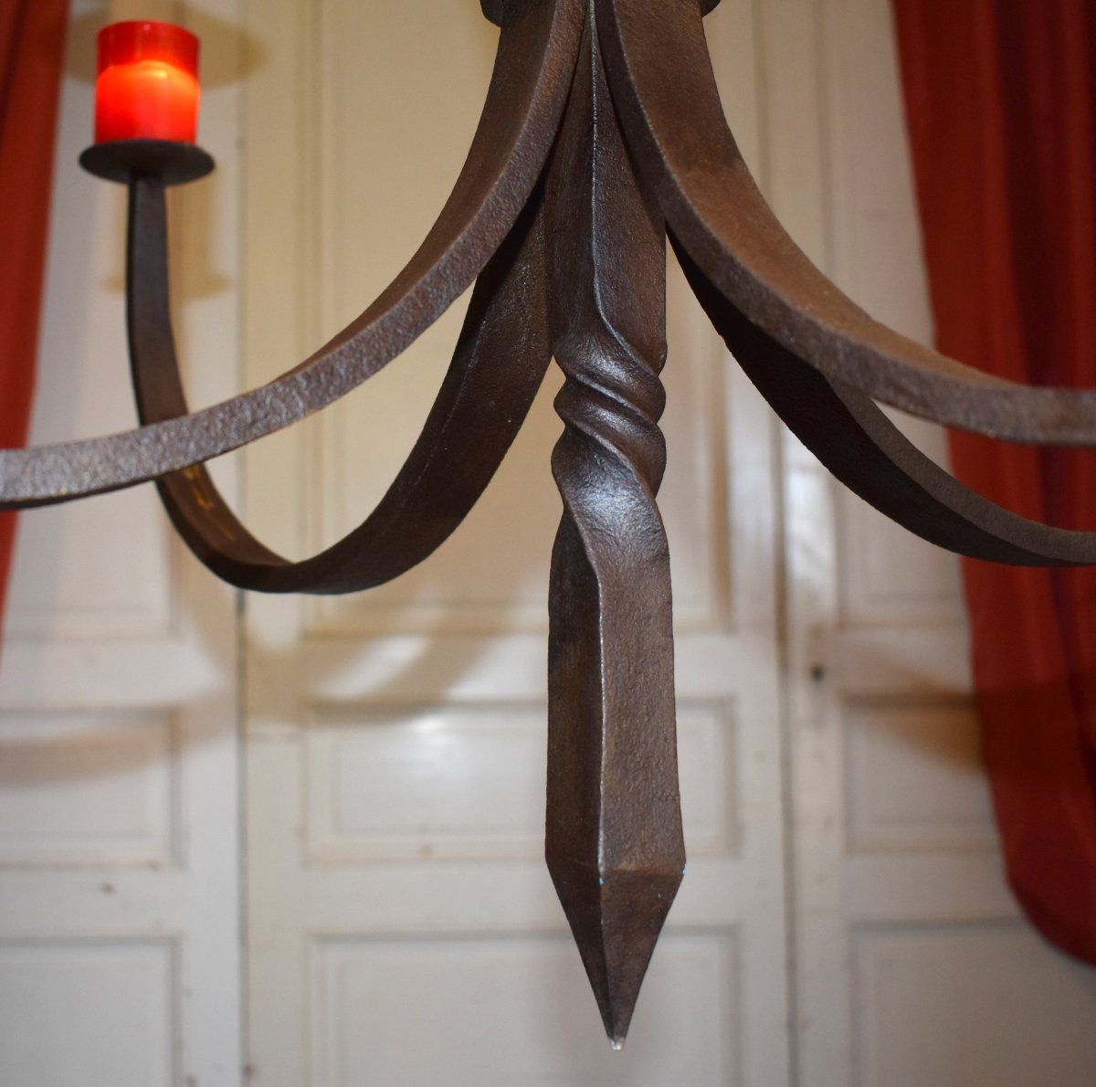 Large Wrought Iron Chandelier With Four Light Arms, 4-candle Lighting, High Period Style -photo-3