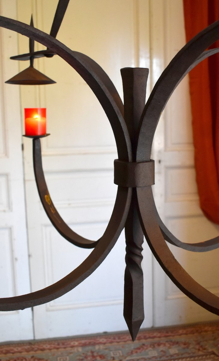 Large Wrought Iron Chandelier With Four Light Arms, 4-candle Lighting, High Period Style -photo-4