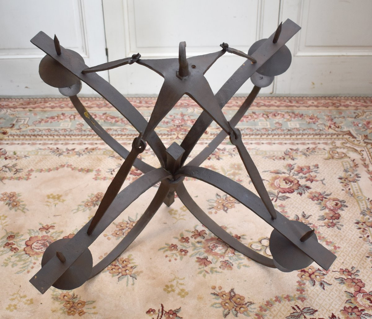 Large Wrought Iron Chandelier With Four Light Arms, 4-candle Lighting, High Period Style -photo-7