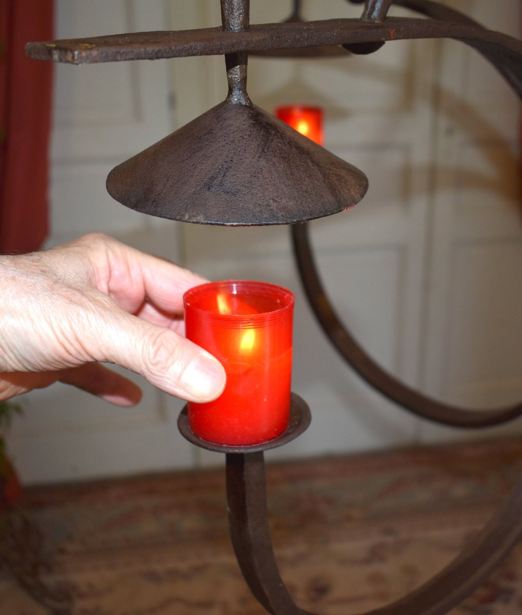 Large Wrought Iron Chandelier With Four Light Arms, 4-candle Lighting, High Period Style -photo-8