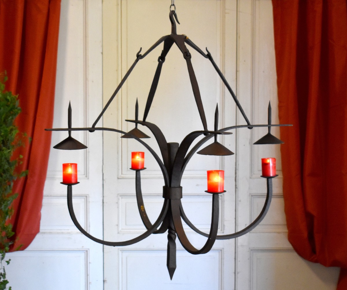 Large Wrought Iron Chandelier With Four Light Arms, 4-candle Lighting, High Period Style 