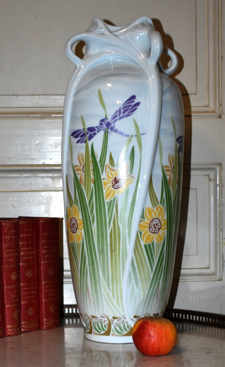 Grand Vase de  style  Art Nouveau , Porcelaine De Limoges  Haviland,  Libellules  Et Narcisses -photo-1