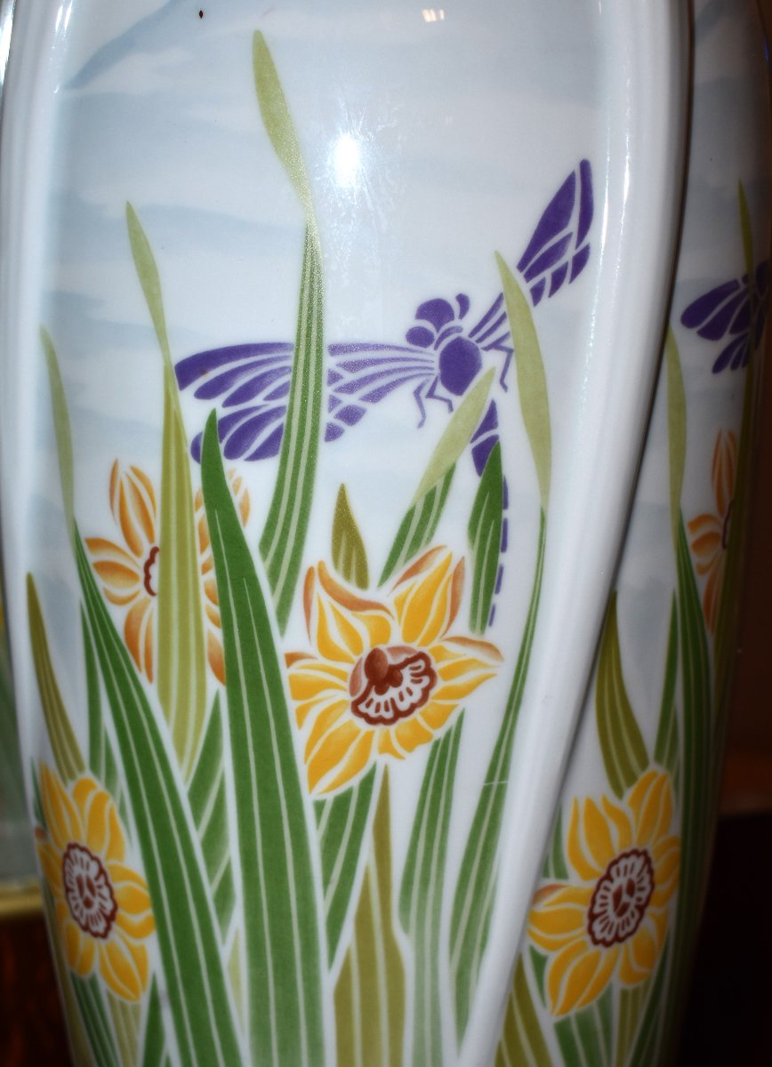 Grand Vase de  style  Art Nouveau , Porcelaine De Limoges  Haviland,  Libellules  Et Narcisses -photo-2