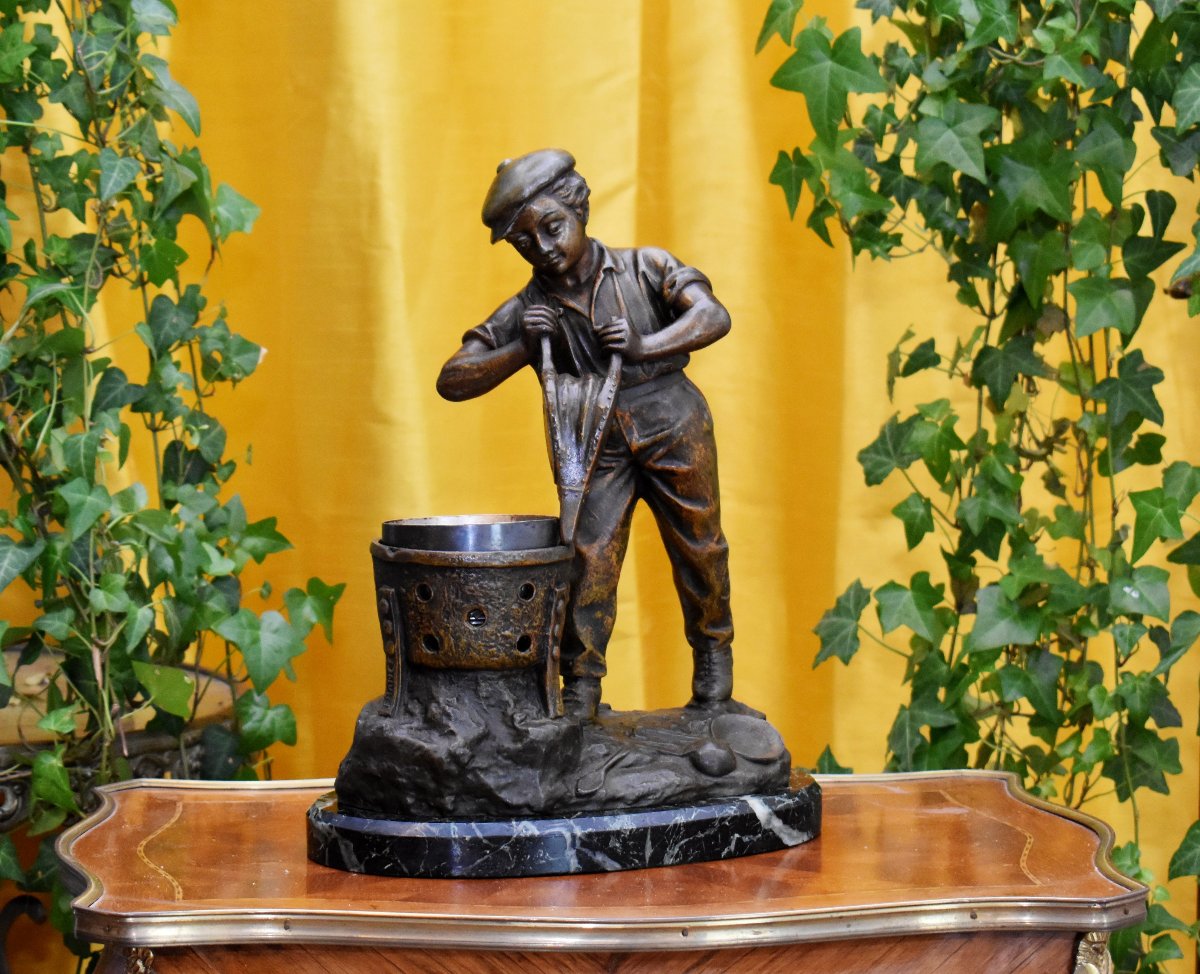 Statue Signed Grégoire, Spelter Sculpture Of A Young Boy With A Brazier And Bellows, Marble Base-photo-2