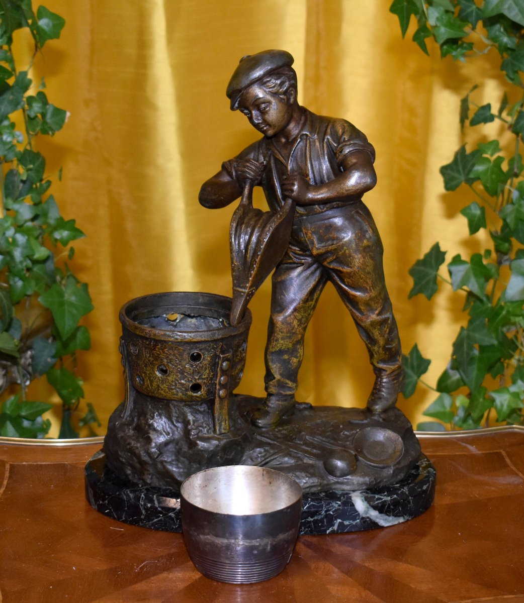 Statue Signed Grégoire, Spelter Sculpture Of A Young Boy With A Brazier And Bellows, Marble Base-photo-1