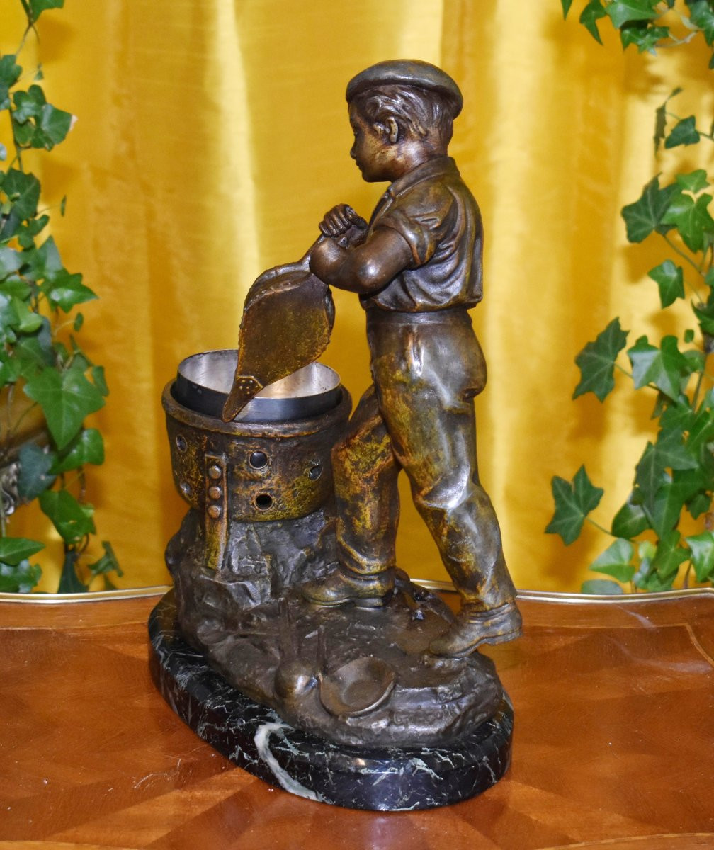 Statue Signed Grégoire, Spelter Sculpture Of A Young Boy With A Brazier And Bellows, Marble Base-photo-3