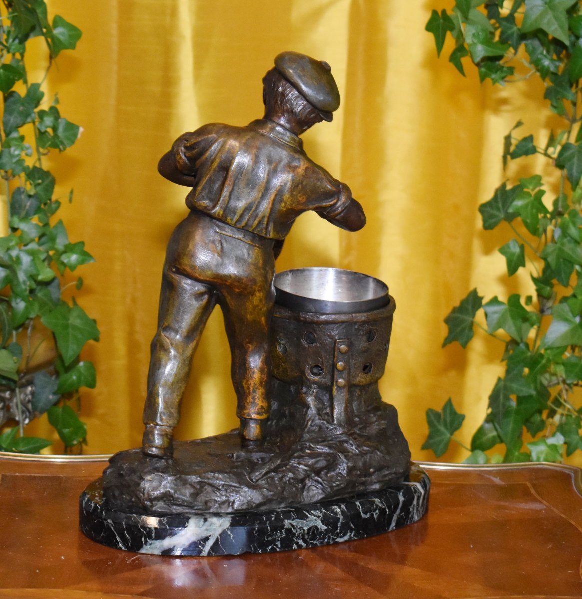 Statue Signed Grégoire, Spelter Sculpture Of A Young Boy With A Brazier And Bellows, Marble Base-photo-4