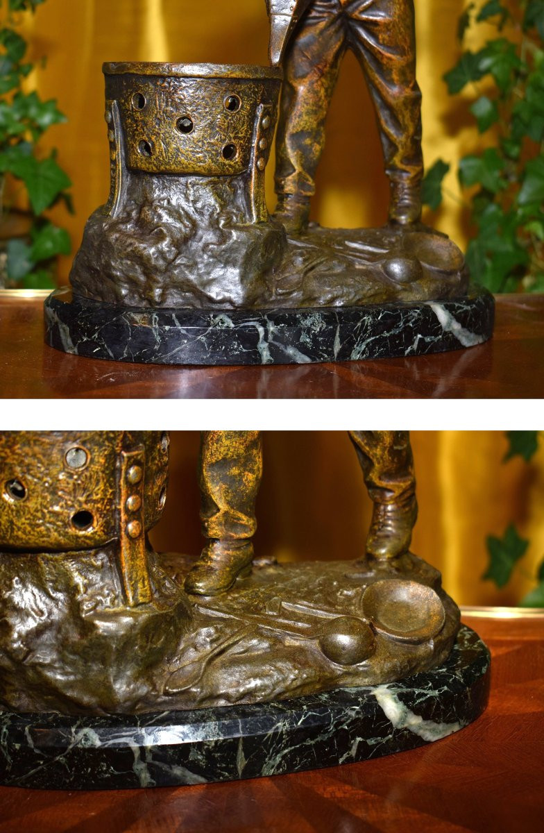 Statue Signed Grégoire, Spelter Sculpture Of A Young Boy With A Brazier And Bellows, Marble Base-photo-5