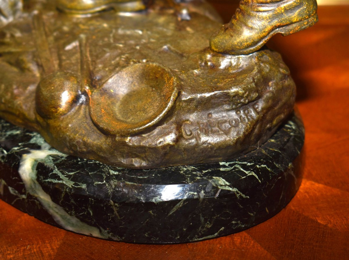 Statue Signed Grégoire, Spelter Sculpture Of A Young Boy With A Brazier And Bellows, Marble Base-photo-6