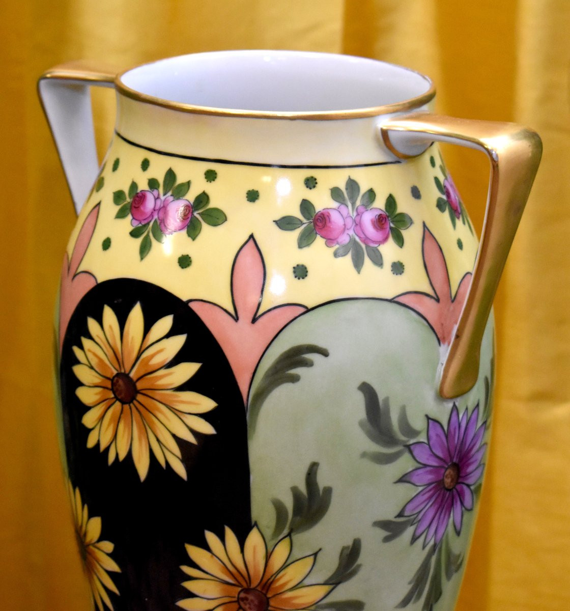 F. Quinque, vase En Porcelaine De Limoges manufacture Tressemanes -Vogt, roses et marguerites  -photo-6