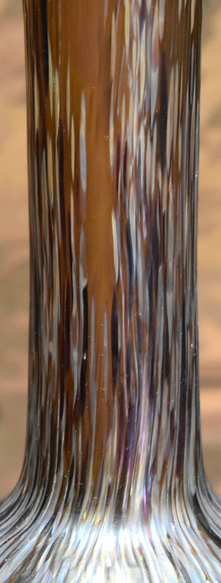 Grand  vase sur socle et armature bronze, verre irisé, attribué à Loetz, Bohême, 1900-photo-2