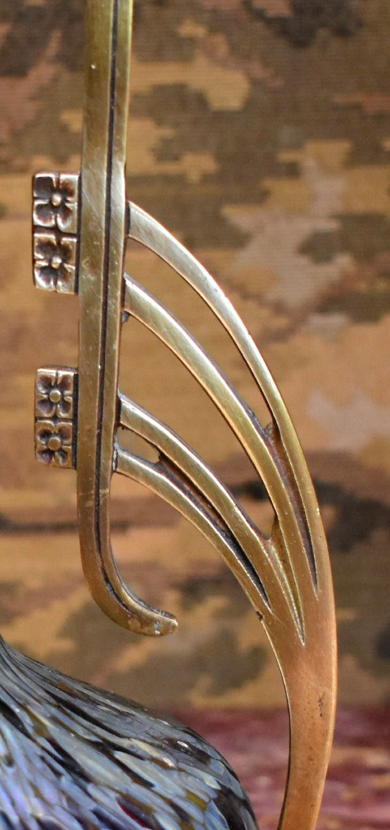 Grand  vase sur socle et armature bronze, verre irisé, attribué à Loetz, Bohême, 1900-photo-7