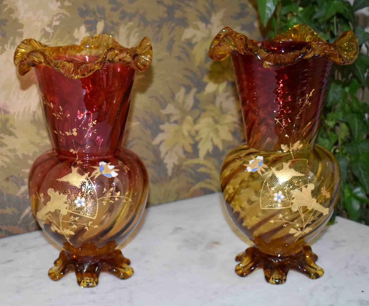 Paire De Vases en verre  émaillé , Legras -  Montjoye , Saint-Denis , Art Nouveau, Vers 1900-photo-2