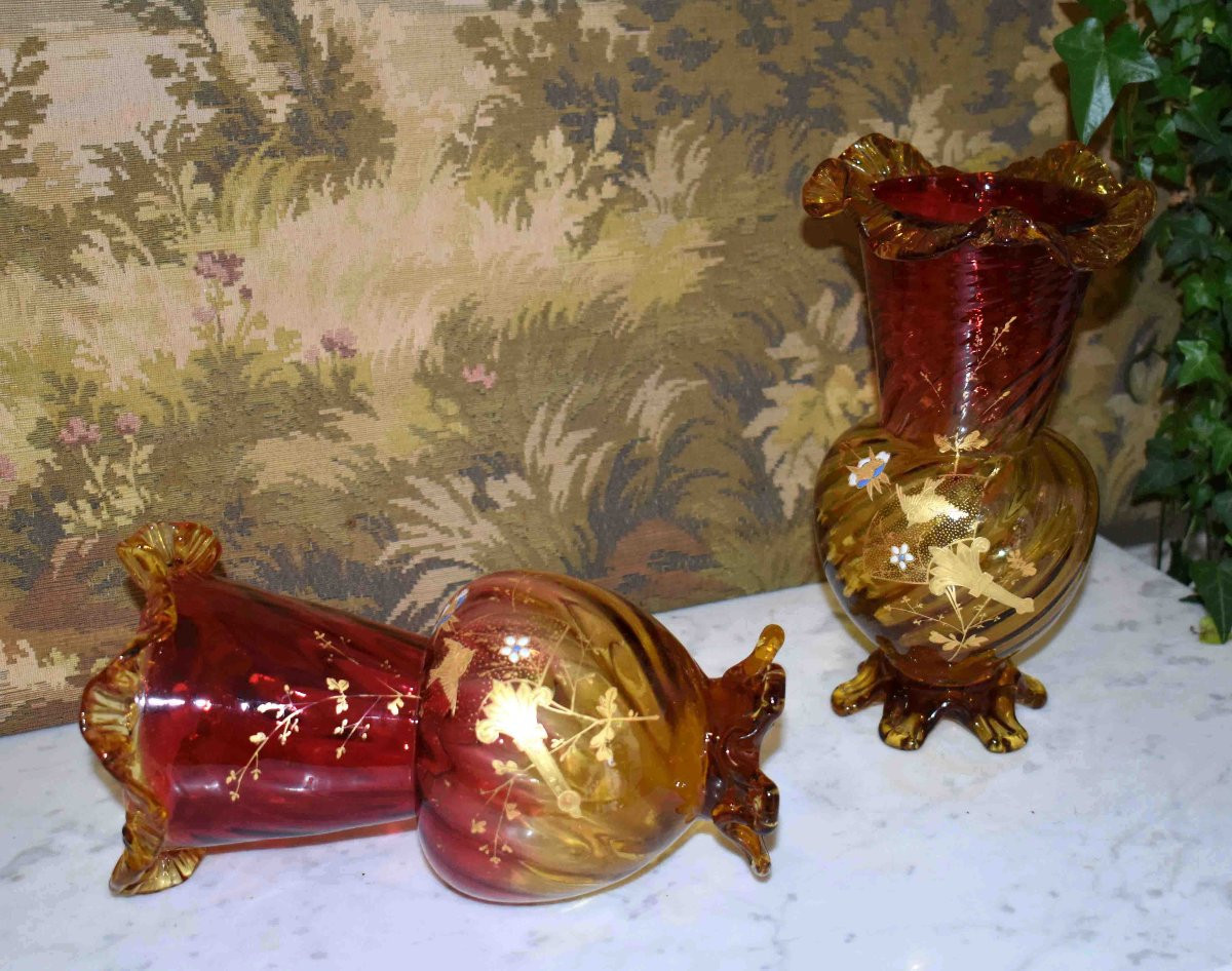 Paire De Vases en verre  émaillé , Legras -  Montjoye , Saint-Denis , Art Nouveau, Vers 1900-photo-3