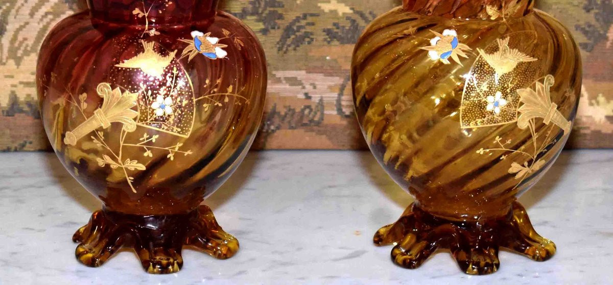Paire De Vases en verre  émaillé , Legras -  Montjoye , Saint-Denis , Art Nouveau, Vers 1900-photo-4